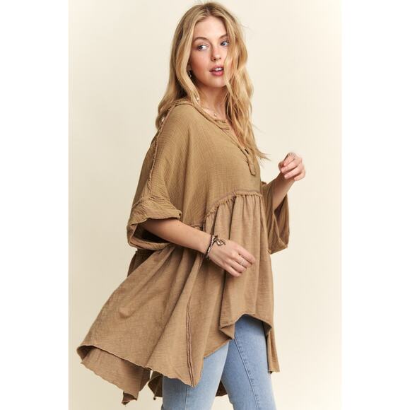 ADORA Oversized Vintage Raw Edge Detail Mineral Wash Flare Babydoll Top | Beige - Picture 5 of 6